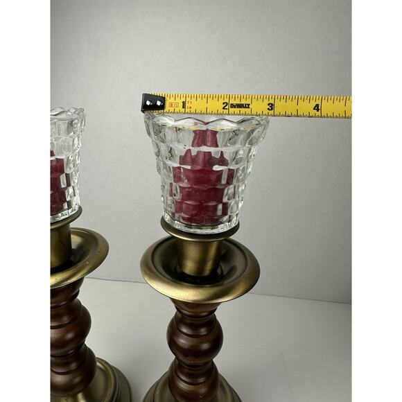 Vintage Homco Wood and Brass Candlestick Holders With Clear Glass Votives - Picture 6 of 8